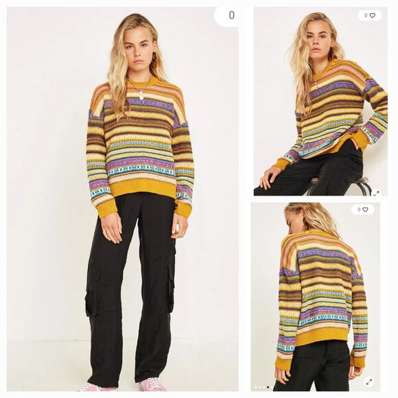 Urban Outfitters UO Mustard Fair Isle Striped Sweater size S - Picture 1 of 12